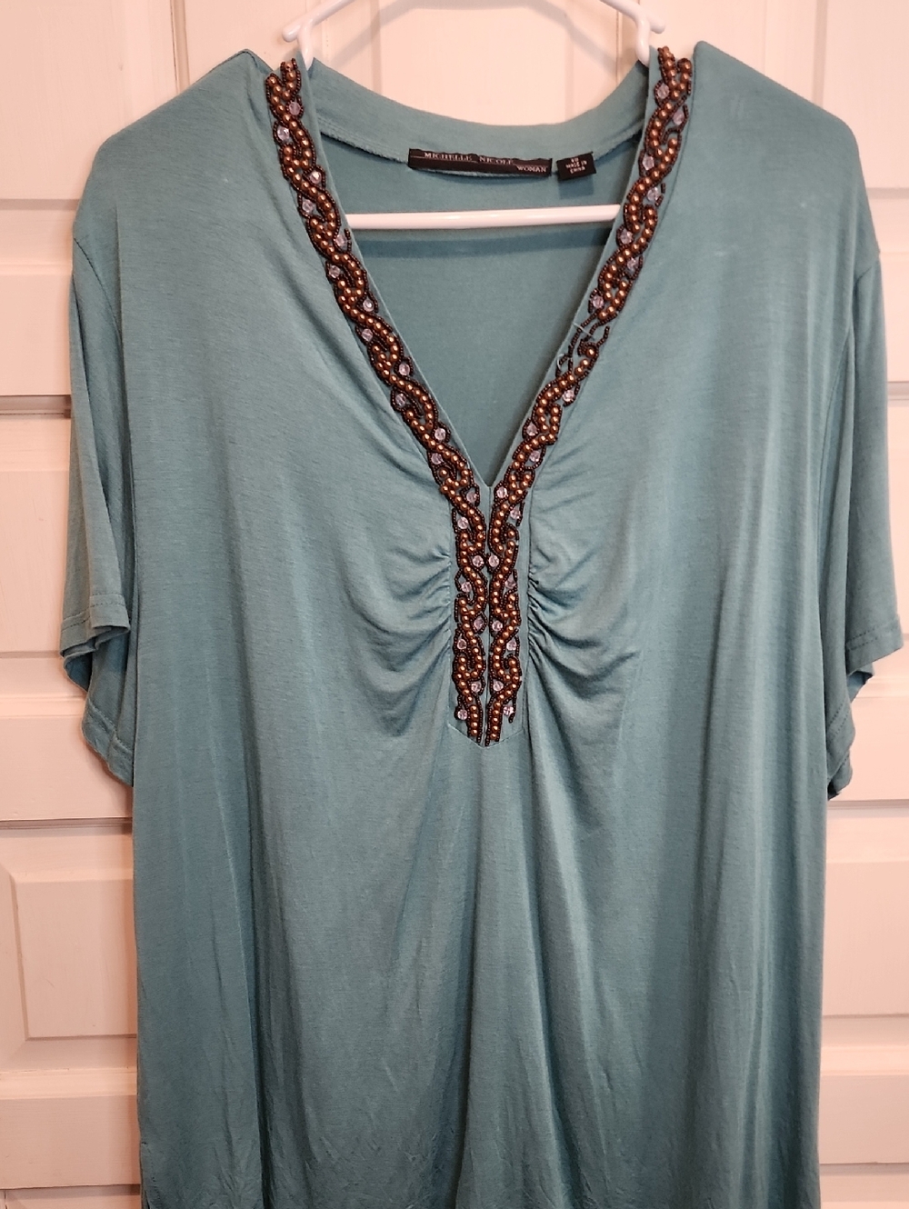 MICHELLE NICOLE WOMAN Teal Beaded Embellished V-Neck Short Sleeve Top